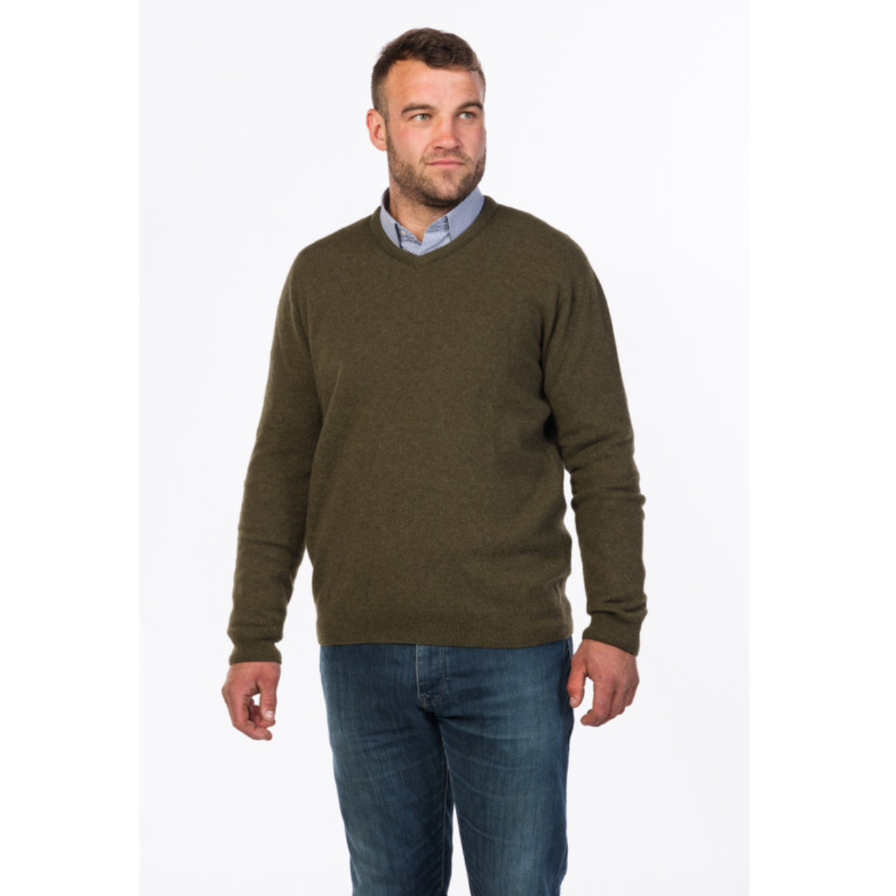 Native World - Merino & Possum Men's Vee Neck Sweater (NB121)Fern