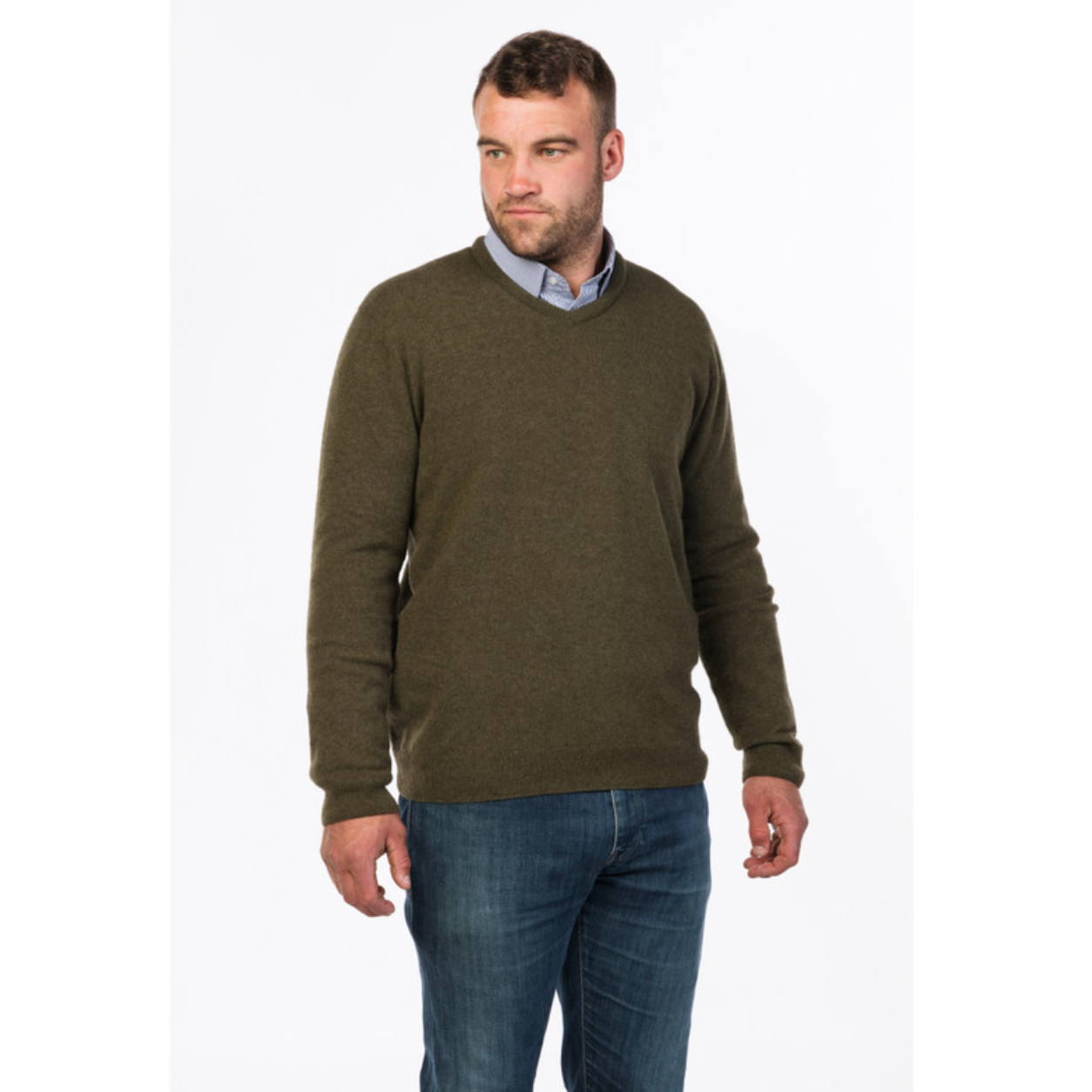 Native World - Merino & Possum Men's Vee Neck Sweater (NB121)Fern