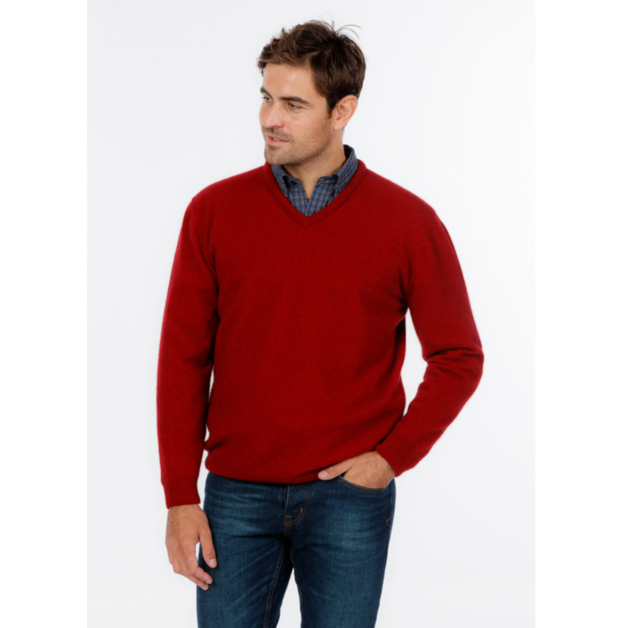 Native World - Merino & Possum Men's Vee Neck Sweater (NB121)Red Setter