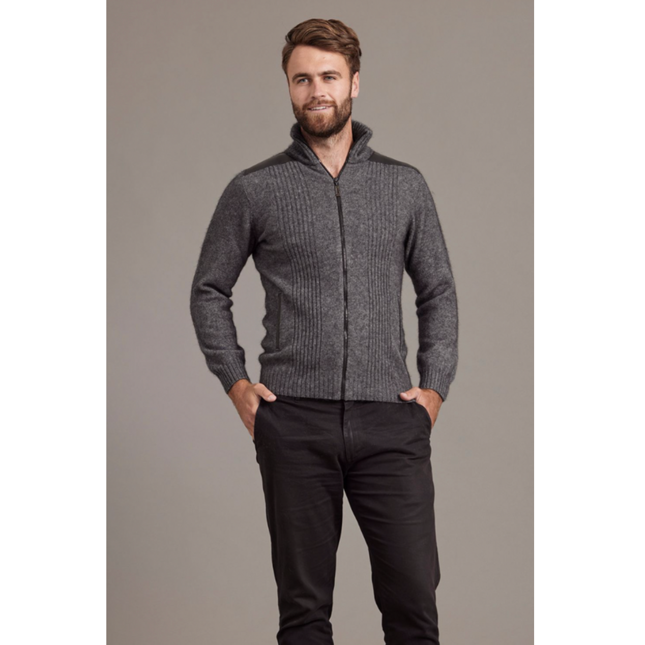 McDonald - Possum & Merino Zip Jacket with Lambskin Leather Trim-Pewter
