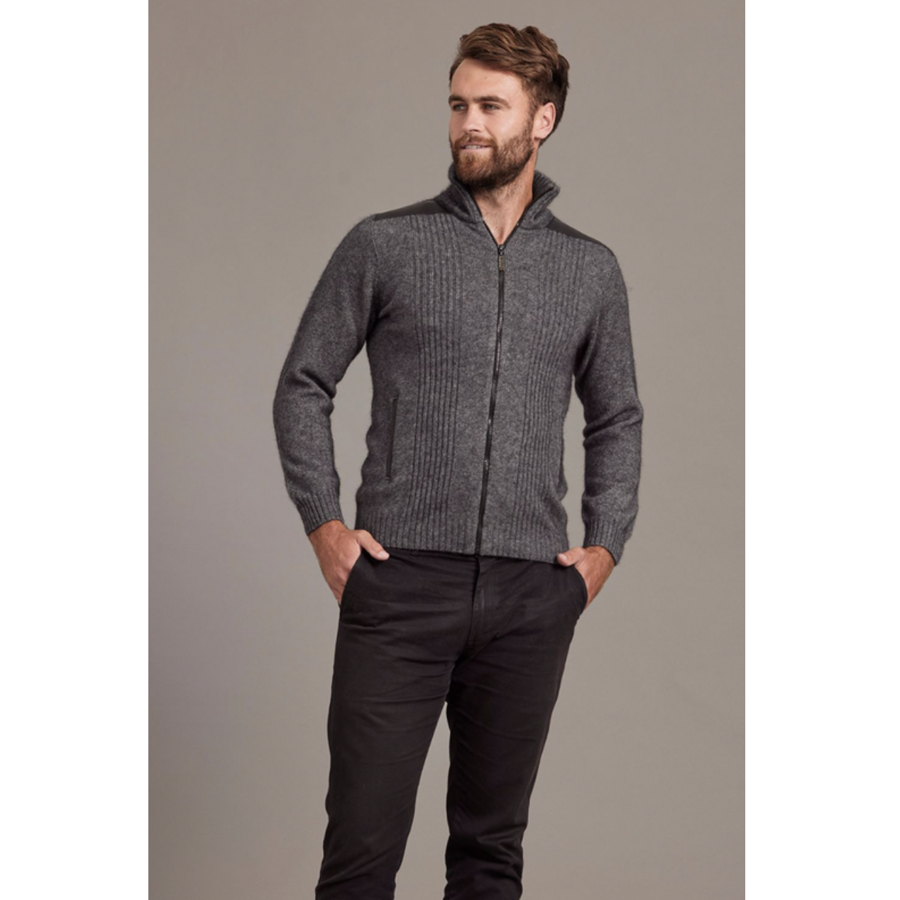 McDonald - Possum & Merino Zip Jacket with Lambskin Leather Trim-Pewter