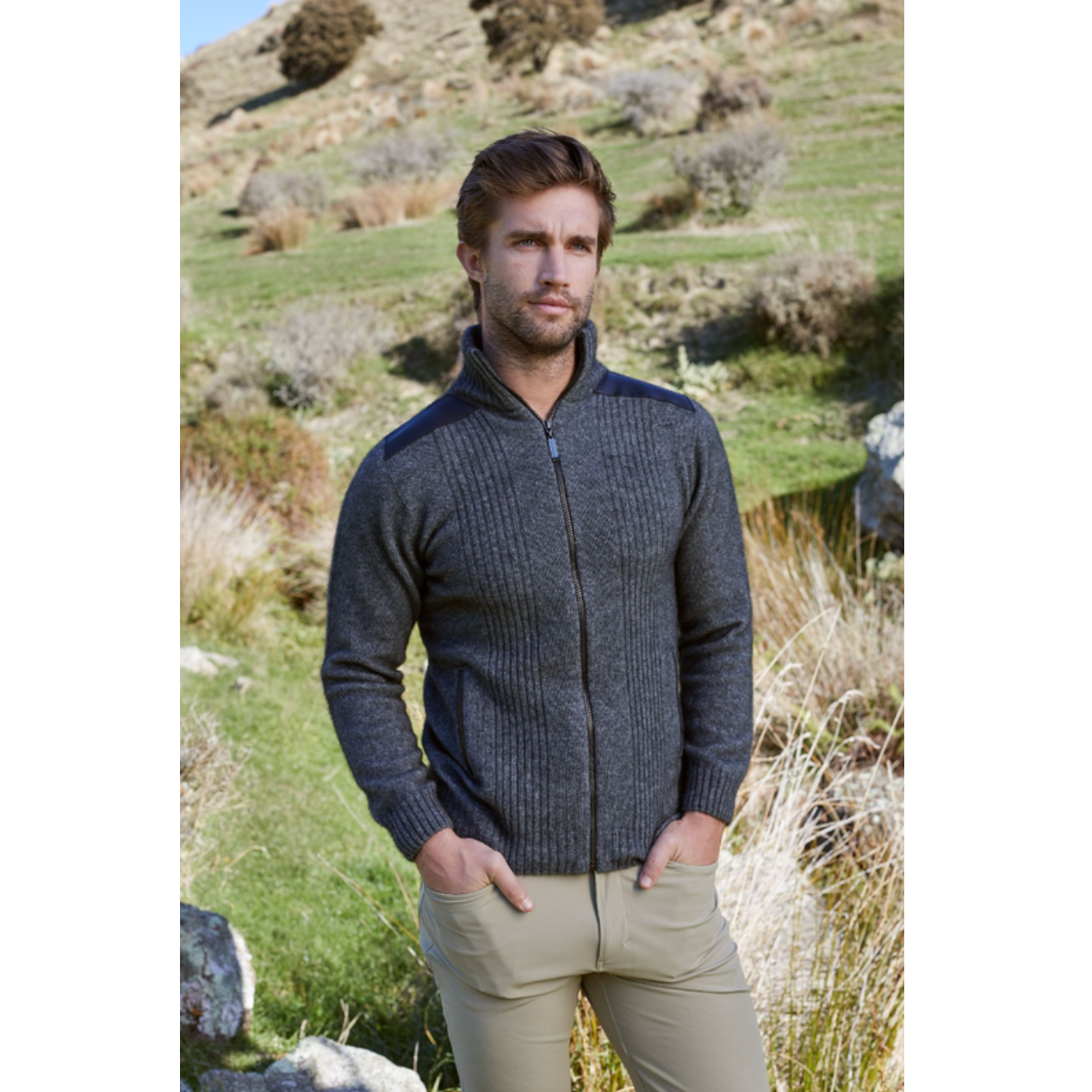 McDonald - Possum & Merino Zip Jacket with Lambskin Leather Trim-Pewter