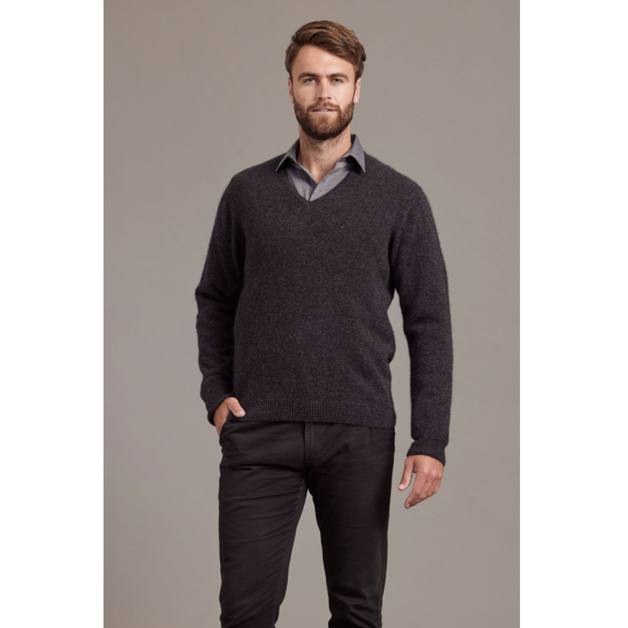 McDonald - Possum & Merino Rack Stitch V Neck Jersey (6601)-Charcoal