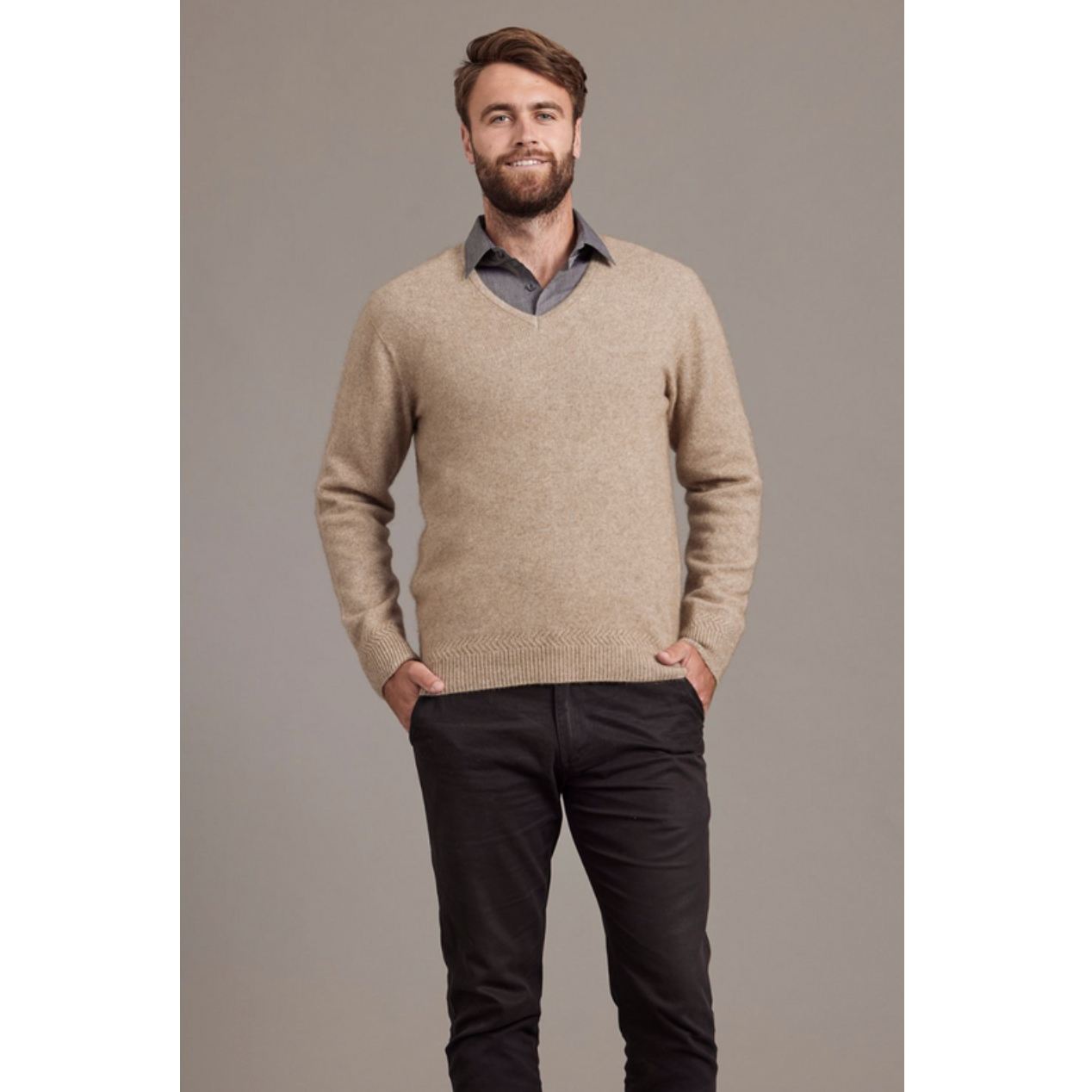 McDonald - Possum & Merino Rack Stitch V Neck Jersey (6601)-Mocha