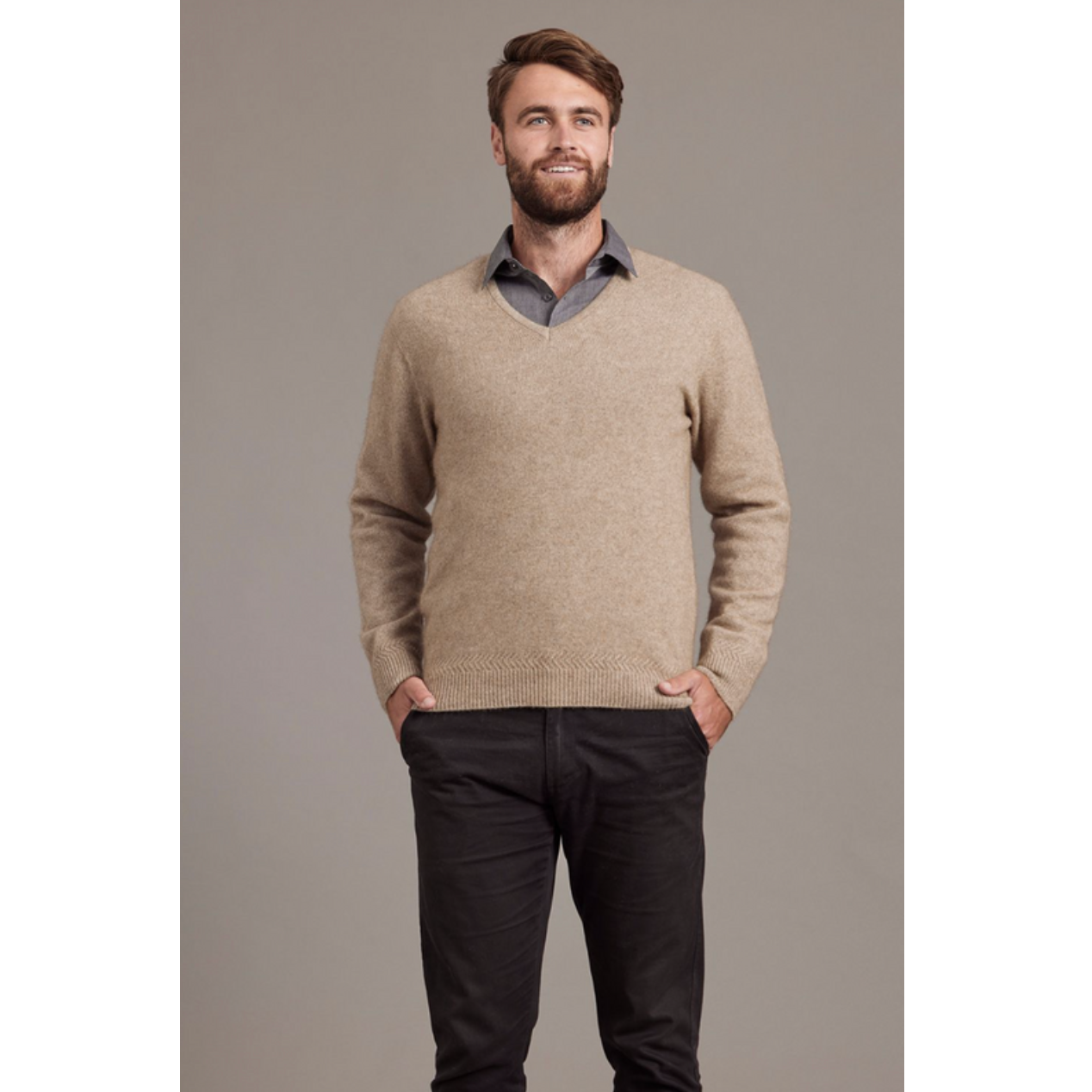 McDonald - Possum & Merino Rack Stitch V Neck Jersey (6601)-Mocha