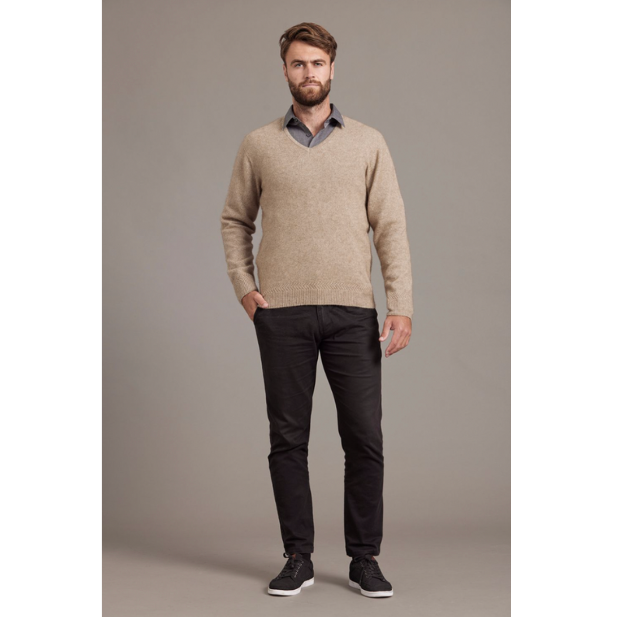 McDonald - Possum & Merino Rack Stitch V Neck Jersey (6601)-Mocha