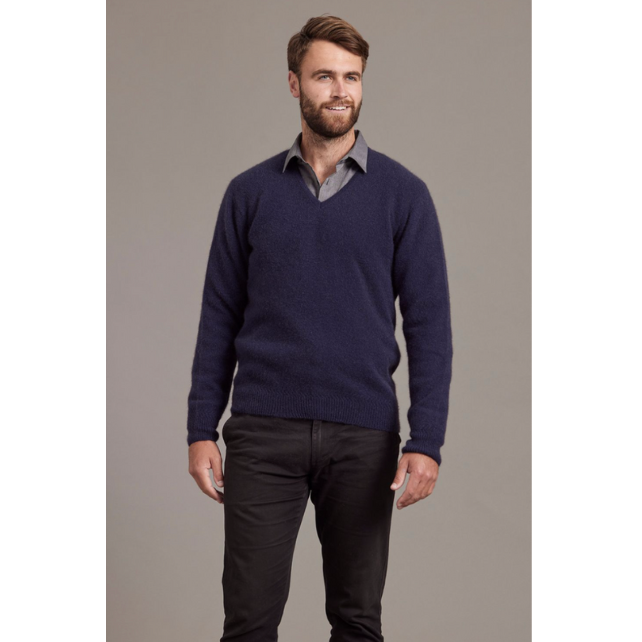 McDonald - Possum & Merino Rack Stitch V Neck Jersey (6601)-Navy