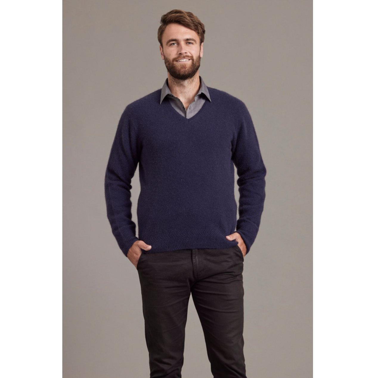 McDonald - Possum & Merino Rack Stitch V Neck Jersey (6601)-Navy