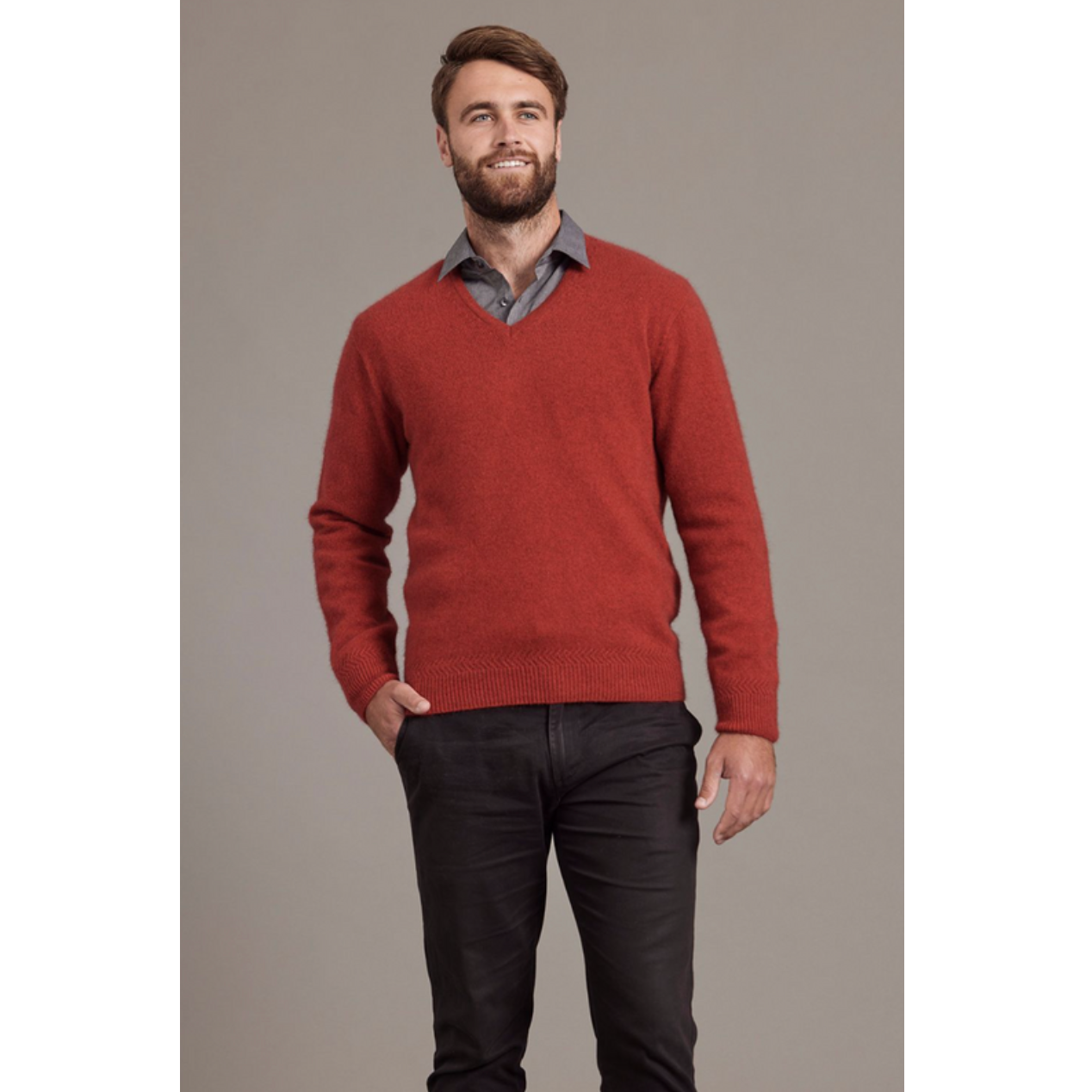 McDonald - Possum & Merino Rack Stitch V Neck Jersey (6601)-Red