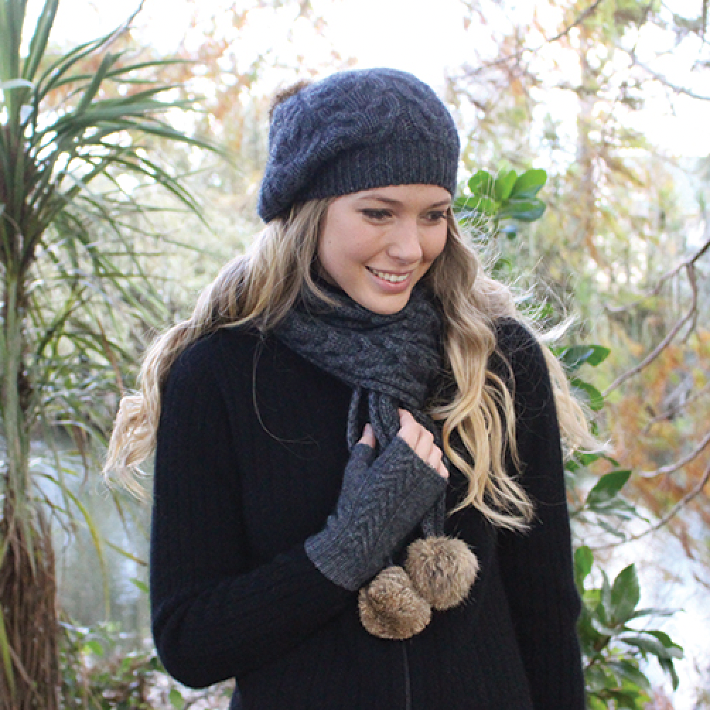 Charcoal - Lothlorian - Cable Scarf with Rabbit Fur Pompoms (9873)