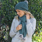 Sage-Lothlorian - Cable Scarf with Rabbit Fur Pompoms (9873)
