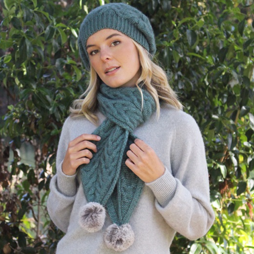 Lothlorian - Rabbit Fur Pompom Accessory Set (Beanie & Scarf) (9872+9873)Sage
