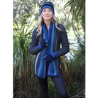 Woman wearing tempo scarf in colour Lagoon