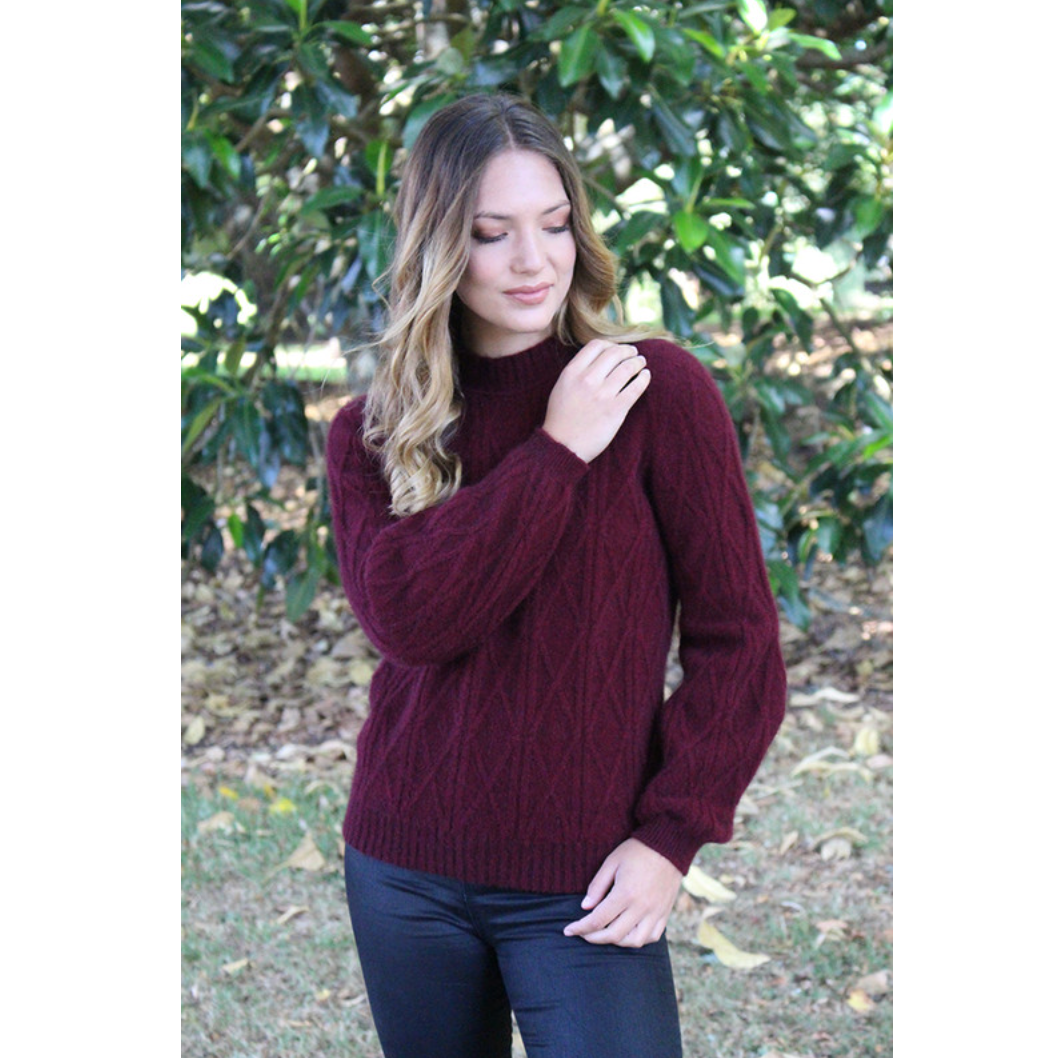 Lothlorian - Merino & Possum Cable Bell Sleeve Jumper (9778)Pinot