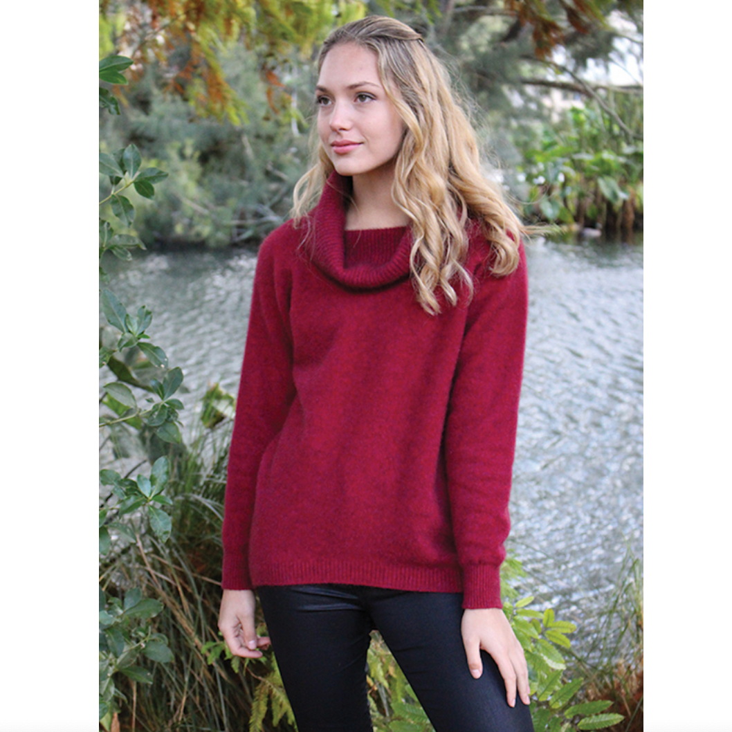 Lothlorian Merino - Possum Curved Hem Cowl Neck Jumper (9843)Raspberry