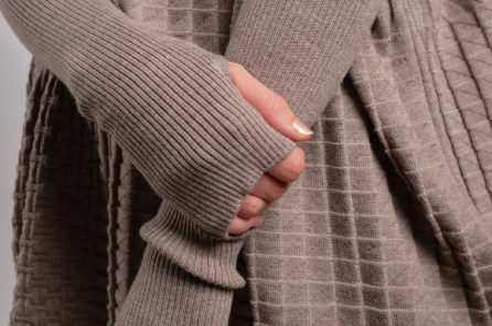 Close up of woman wearing Country Laine - Merino Textured Sloppy Joe (CL0059) in the colour Chateau.