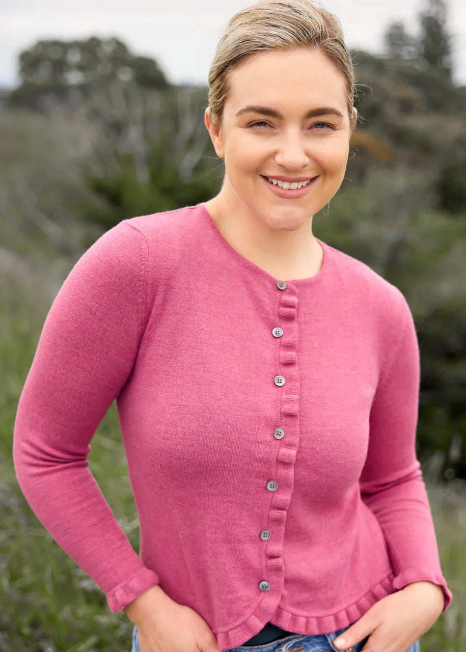 Woman wearing Royal Merino - Frill Trim Cardigan (RM2396) in the colour Azalea.