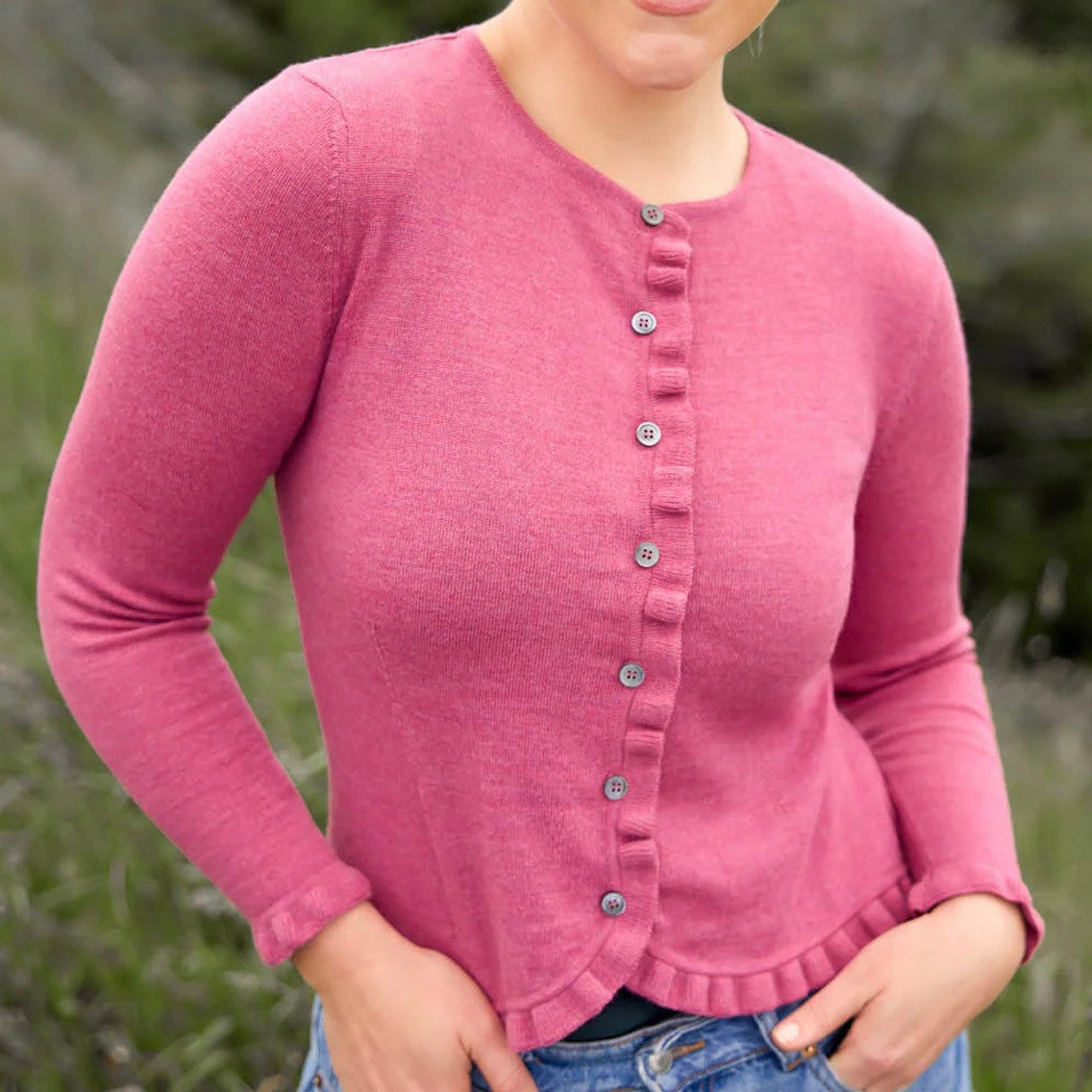 Woman wearing Royal Merino - Frill Trim Cardigan (RM2396) in the colour Azalea.