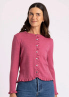 Woman wearing Royal Merino - Frill Trim Cardigan (RM2396) in the colour Azalea.
