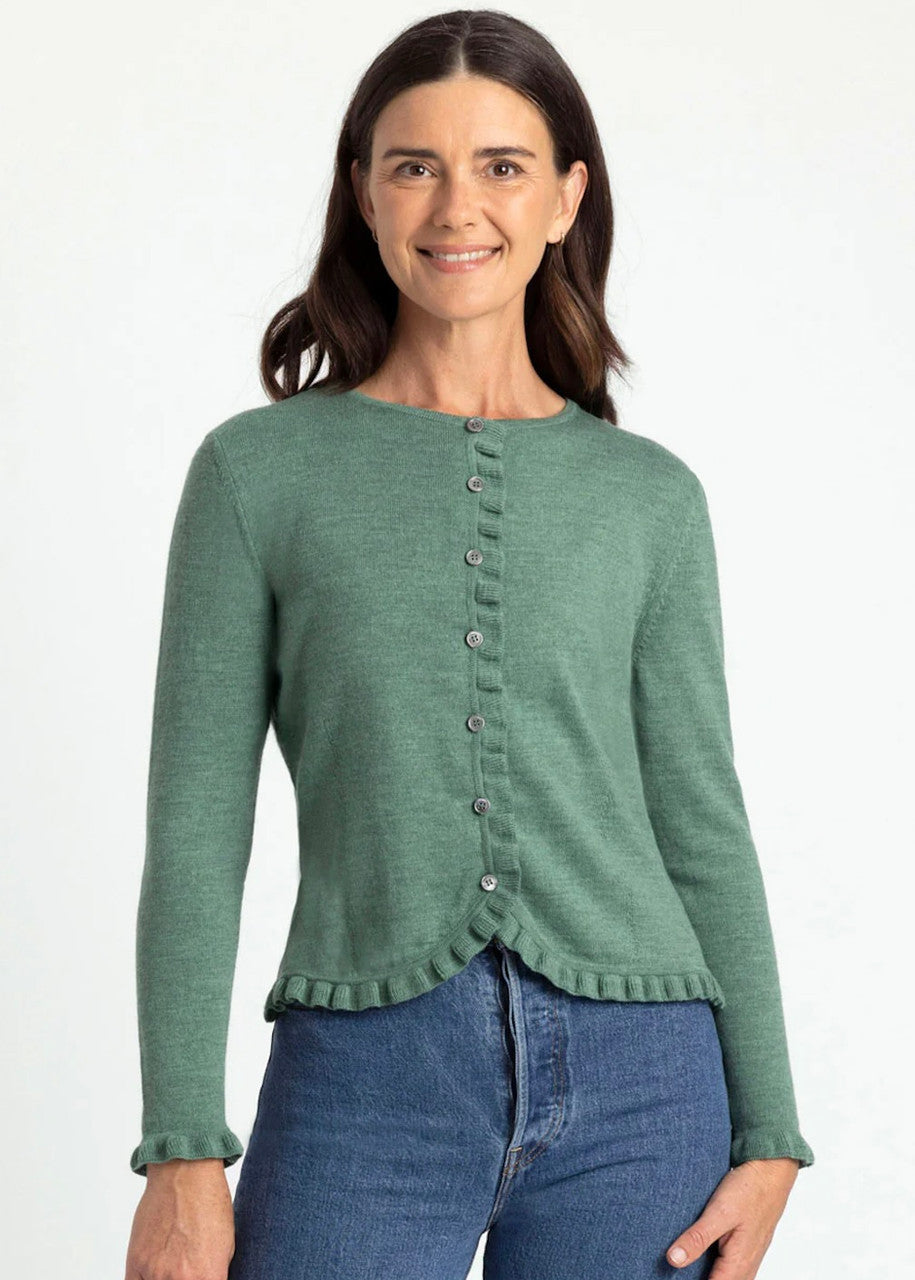 Woman wearing Royal Merino - Frill Trim Cardigan (RM2396) in the colour Green Tea.