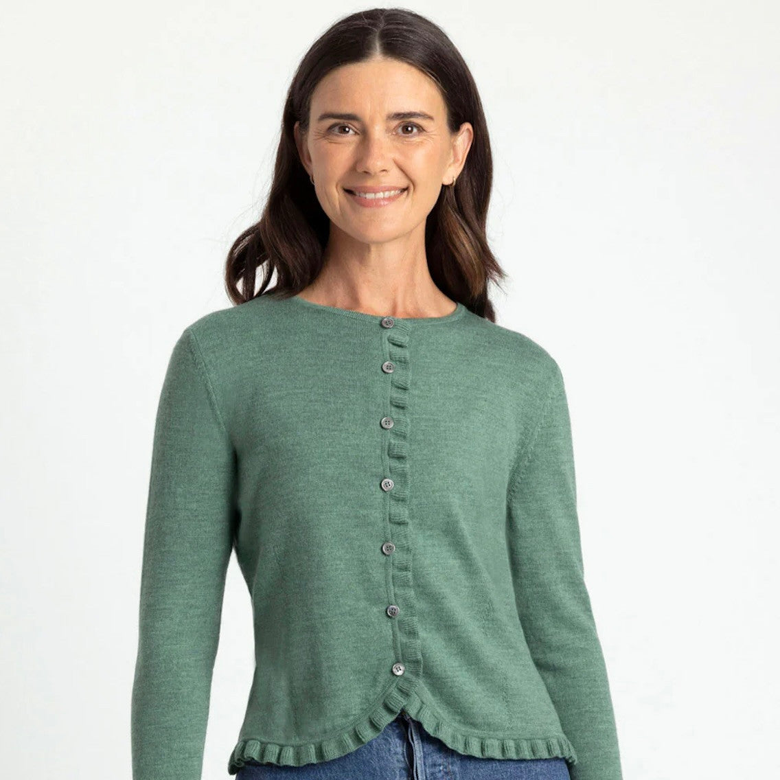 Woman wearing Royal Merino - Frill Trim Cardigan (RM2396) in the colour Green Tea.