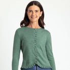 Woman wearing Royal Merino - Frill Trim Cardigan (RM2396) in the colour Green Tea.
