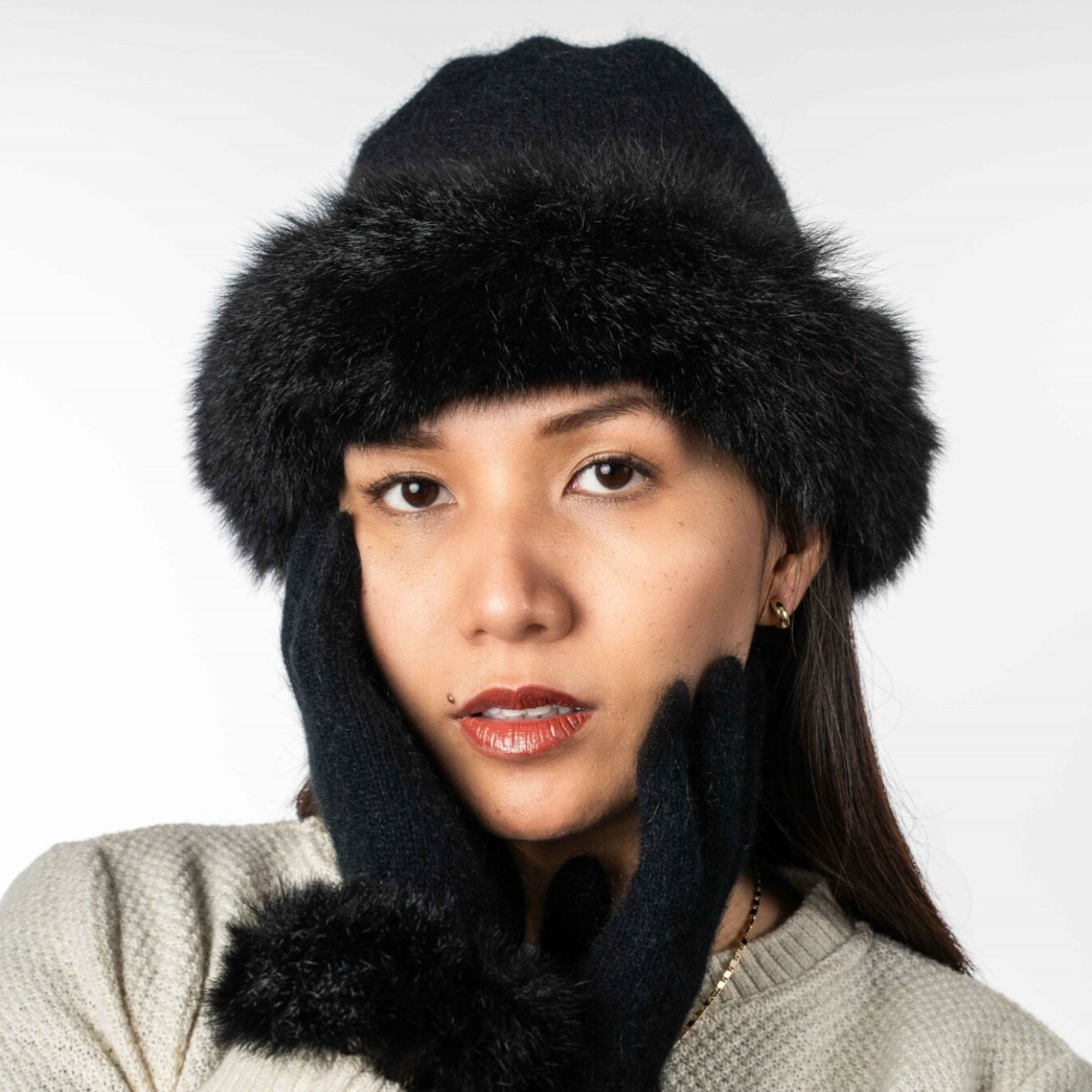 Koru Merino - Possum Fur Trim Beanie (KO200)Black/Black