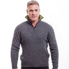 Male model wearing cable jersey. Grey and black