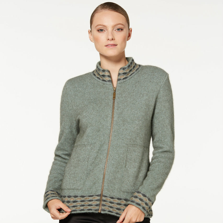Mint colour Wave trim Zip cardigan