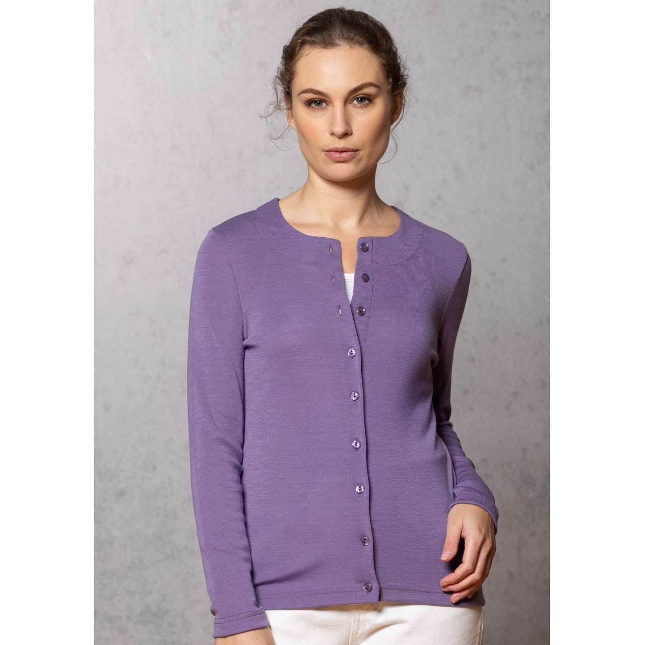 Woman wearing orchid cardigan