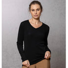 Woman wearing vee neck top in colour Black