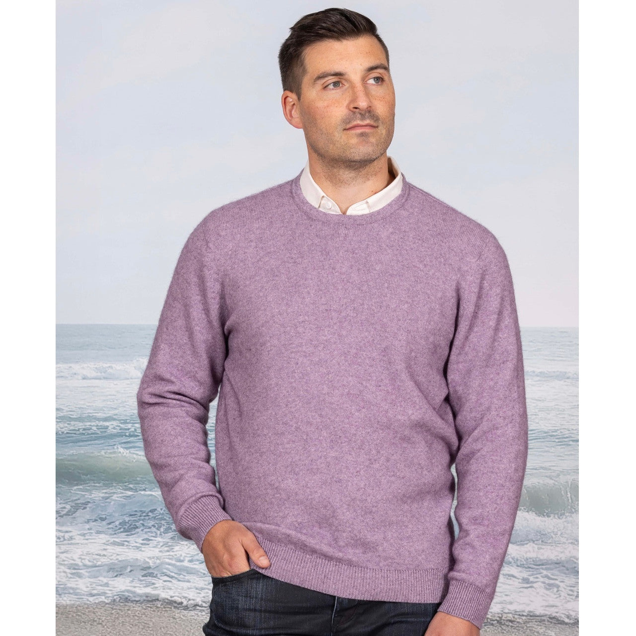 Man wearing Crew Sweater in Lilac.