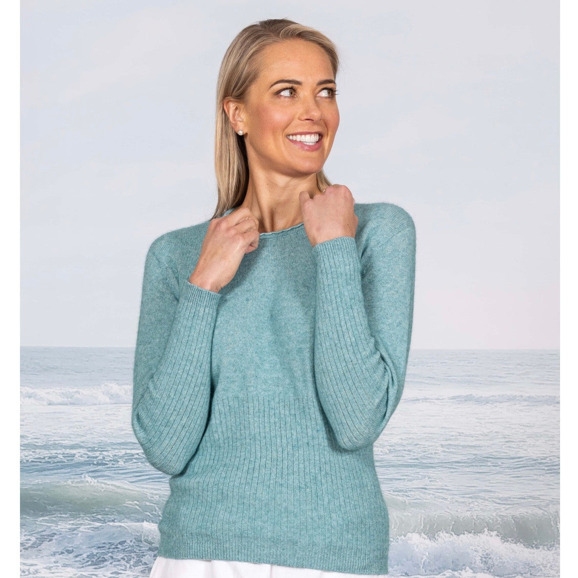 Woman wearing Bask Crew in the colour Peppermint.