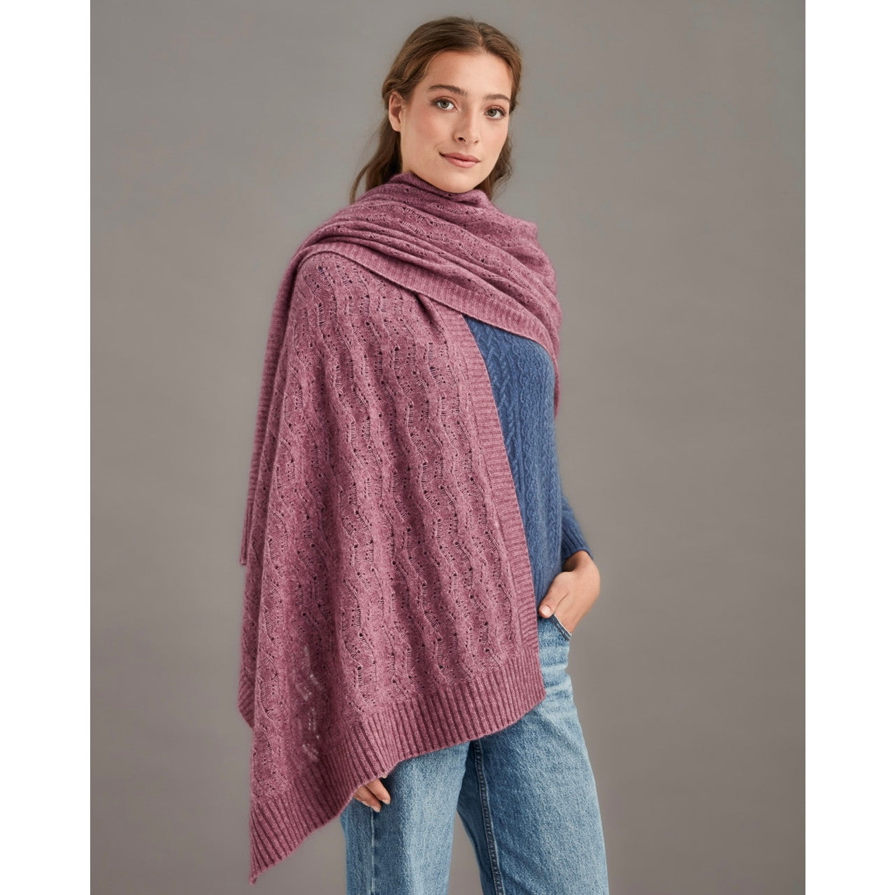 Woman wearing McDonald - Merino & Possum Herringbone Lace Shawl (5060) in the colour Heather.