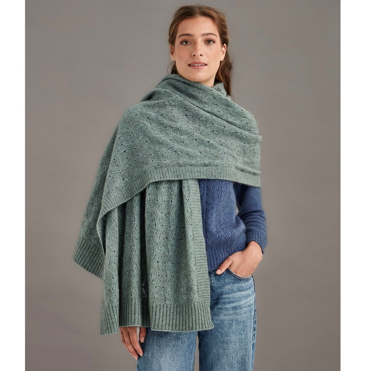 Woman wearing McDonald - Merino & Possum Herringbone Lace Shawl (5060) in the colour Mint.