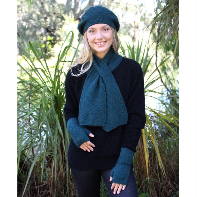 Scarf, beanie, gloves accessory set in colour Tasman