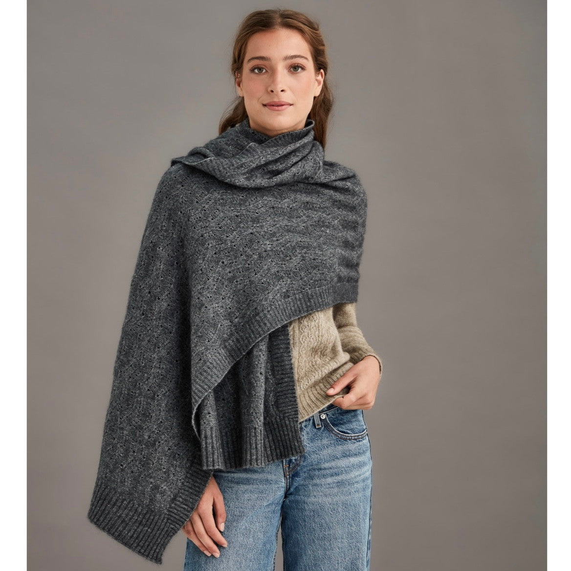 Woman wearing McDonald - Merino & Possum Herringbone Lace Shawl (5060) in the colour Pewter.
