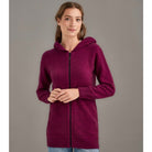 Woman wearing McDonald - Merino & Possum Stepped Stitch Hoodie (5063) in the colour Berry.