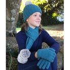 Girl wearing teal colour scarf, beanie and glove set.