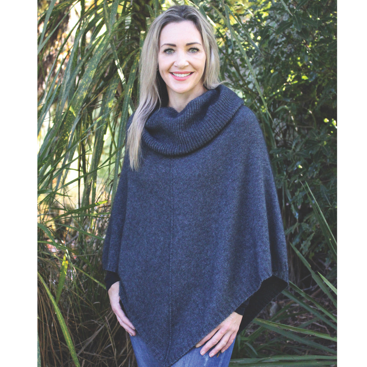 Zinity - Merino & Possum Cowl Neck Poncho -  Charcoal