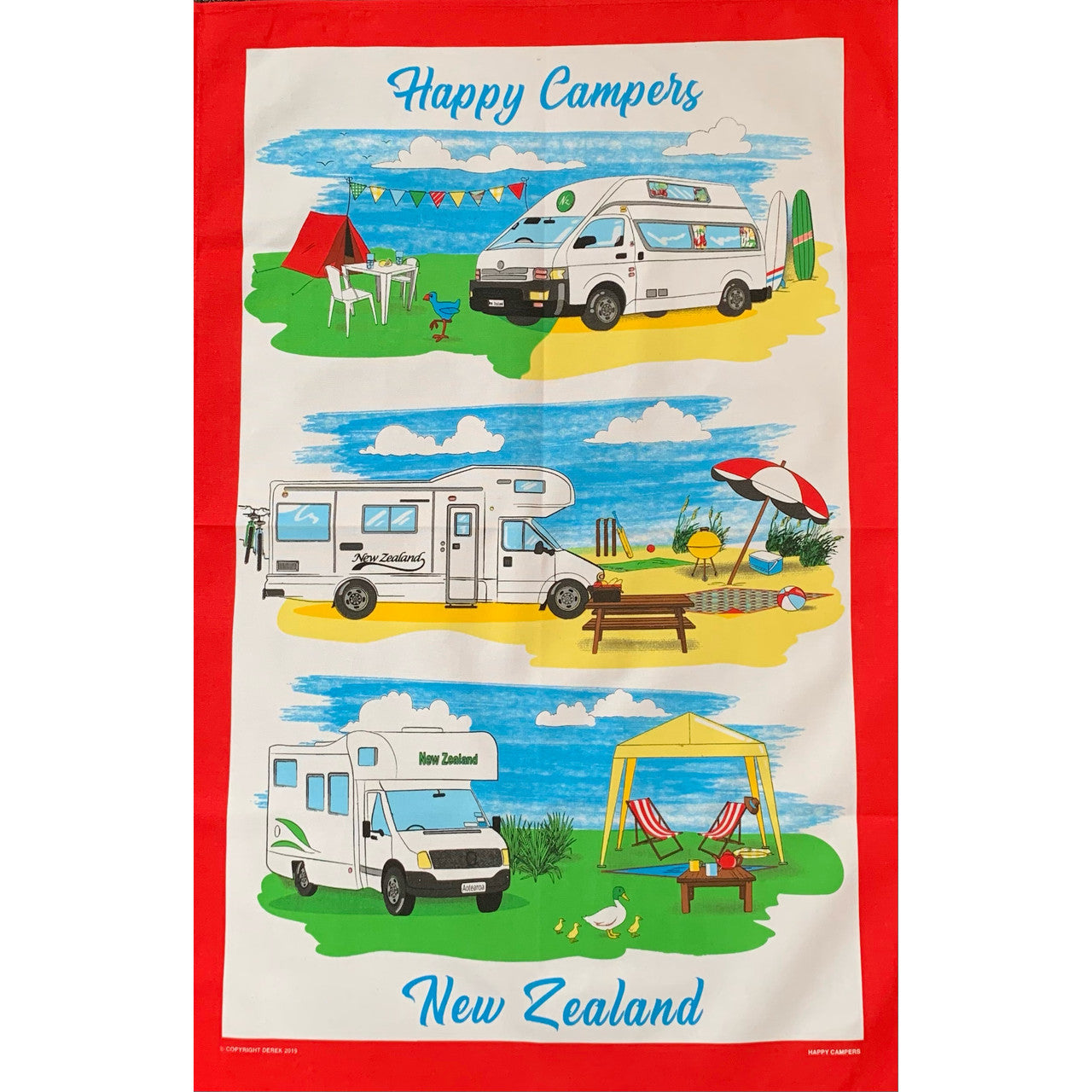 Tea towel with image of happy campers.