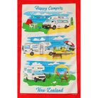 Tea towel with image of happy campers.