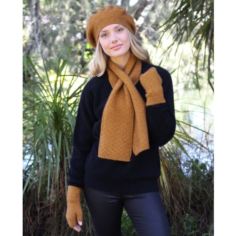 Scarf, beanie, gloves accessory set in colour Gold