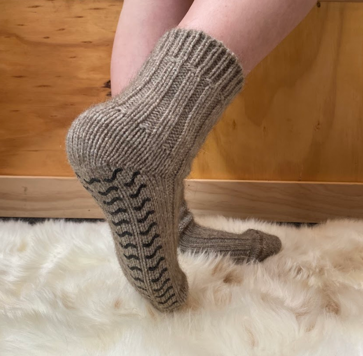 Side view of Merino and Possum wool socks on feet.