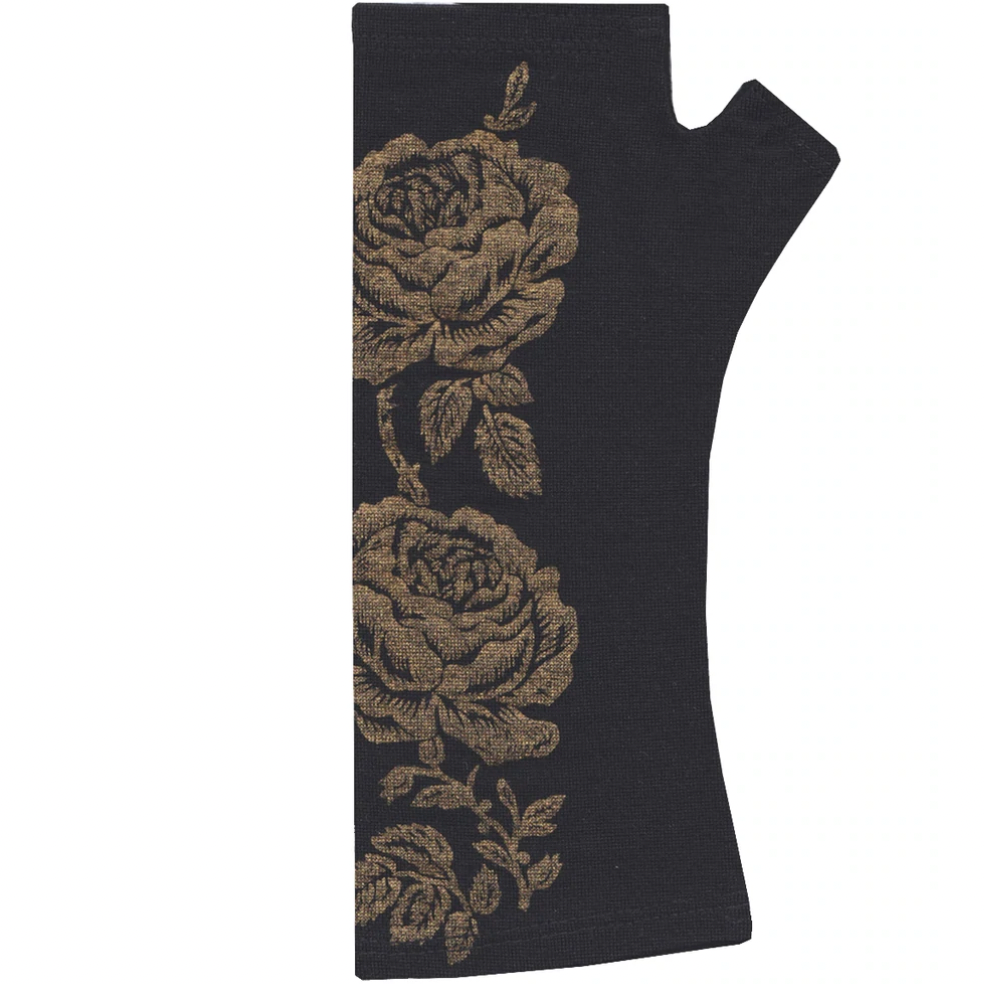 Kate Watts- Printed Merino Glovelets (Black w Gold Vintage Rose Print)