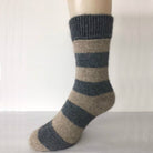 Striped Possum socks, side view. Colour Riverstone/Natural