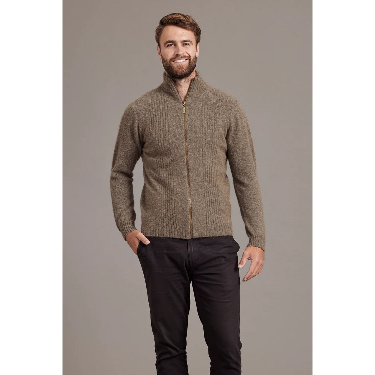 McDonald - Possum & Merino Rib Front Jacket (6602/)Bark
