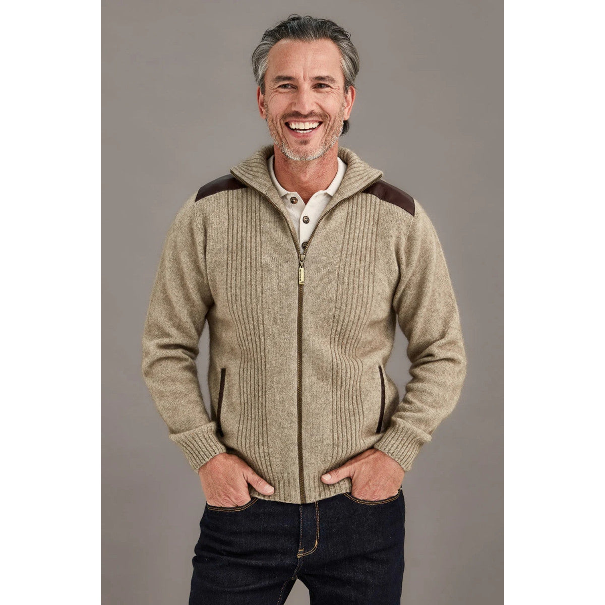 McDonald-Possum & Merino Rib Zip Jacket with Leather Trim (6610/)Mocha