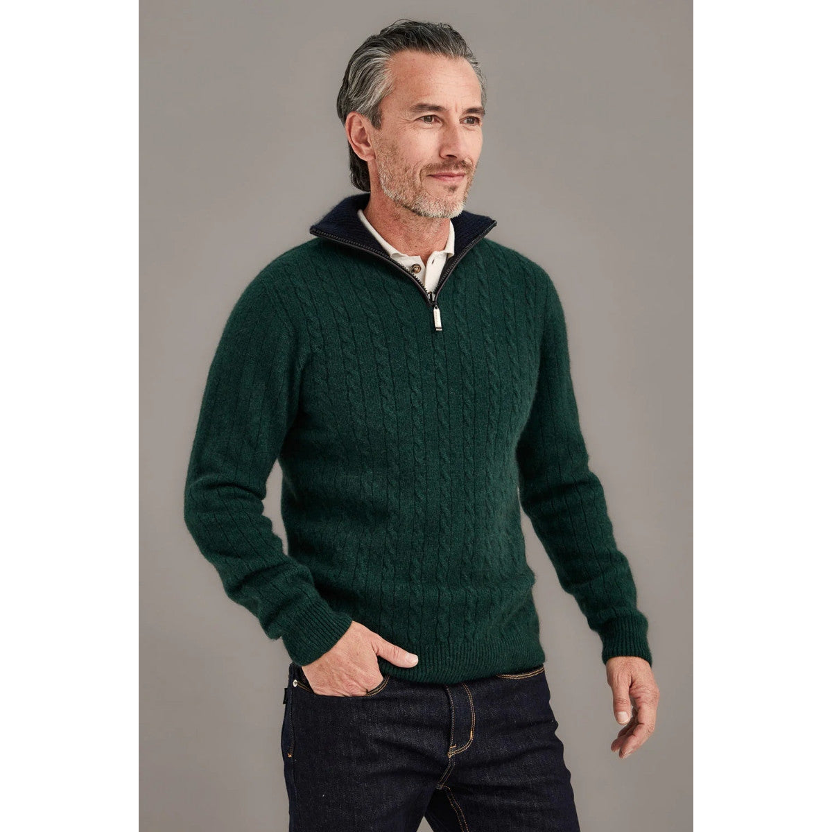 McDonald - Merino & Possum Cable Jersey with Contrast Trim Forest/Navy