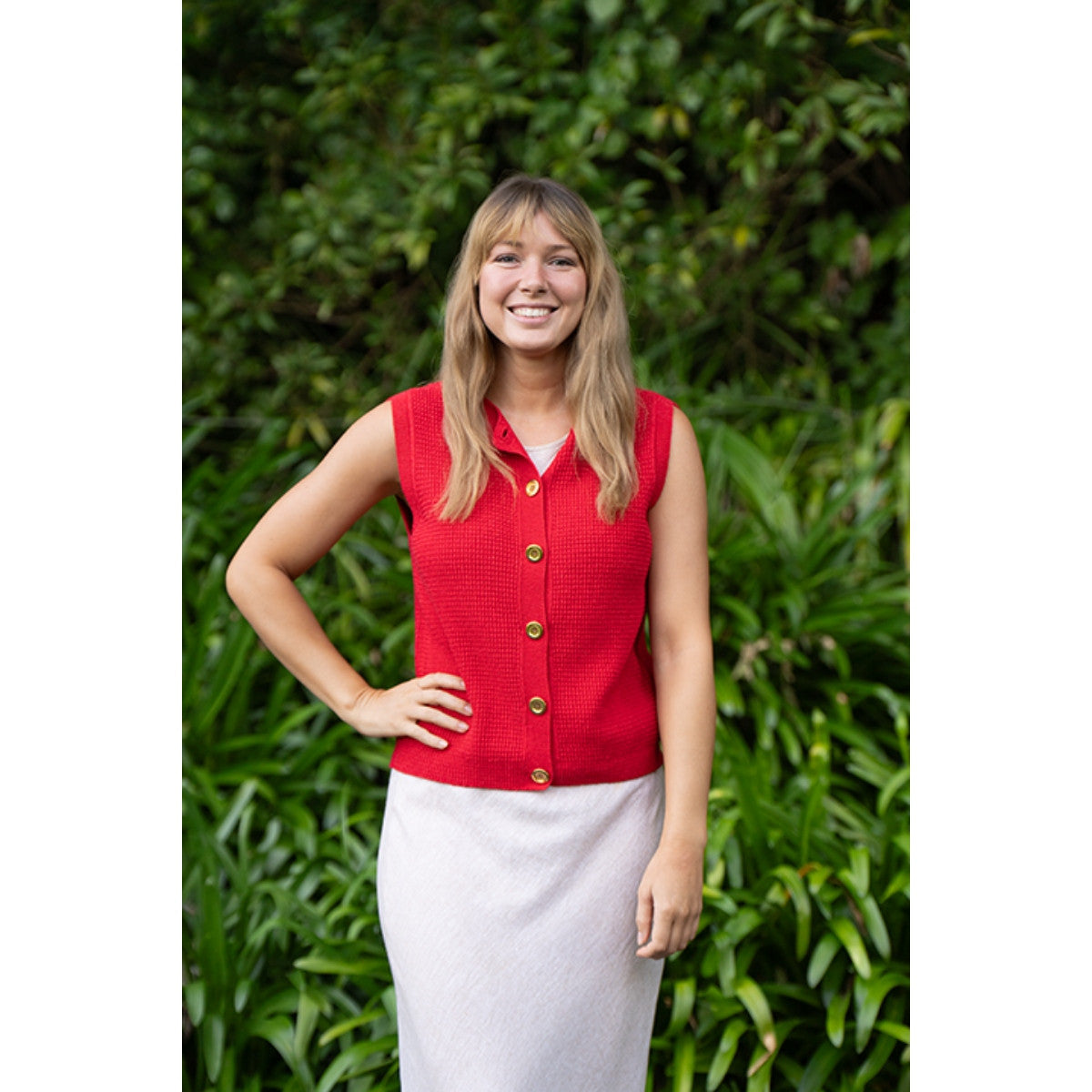Lothlorian - Cotton & Merino Hepburn Button Vest (CM107)Cherry Red